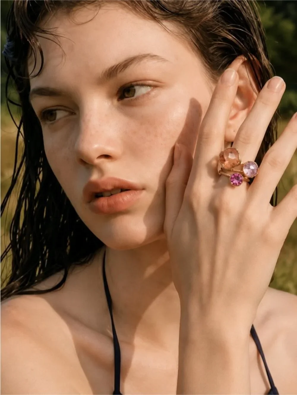 18 K Gold plated Stackable Ring Set with Peach, Lavender and Rose Stones